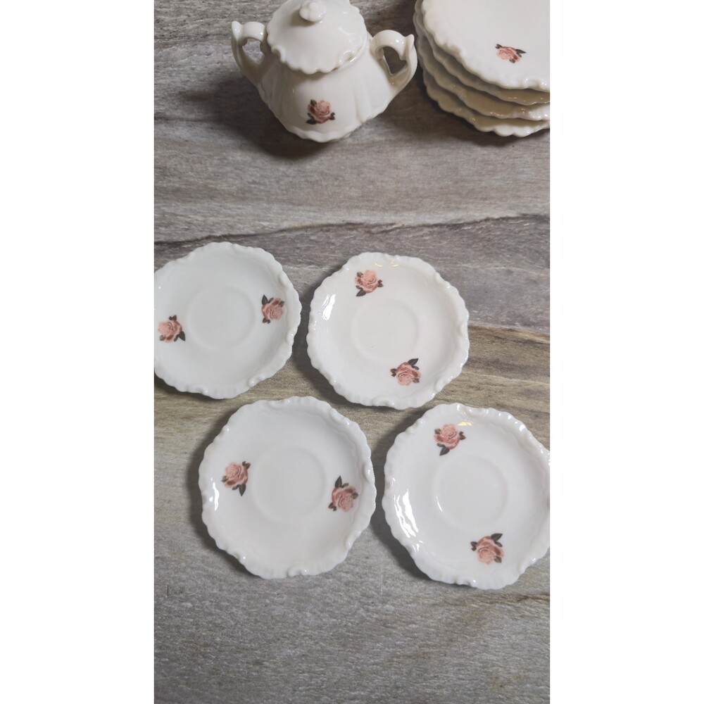 Vintage Miniature Porcelain Tea Set White Pink Rose Scalloped Teapot Sugar Bowl - Picture 14 of 16